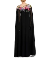 Mac Duggal Floral Beaded Embroidered Illusion Crew Neck Long Sheer Cape Gown