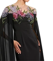 Mac Duggal Floral Beaded Embroidered Illusion Crew Neck Long Sheer Cape Gown