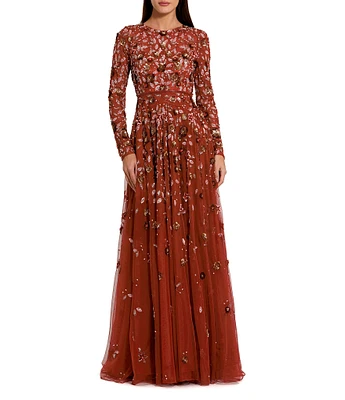 Mac Duggal Floral Beaded Crew Neck Long Sleeve Pleated Chiffon Gown