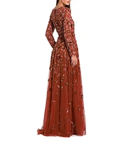 Mac Duggal Floral Beaded Crew Neck Long Sleeve Pleated Chiffon Gown