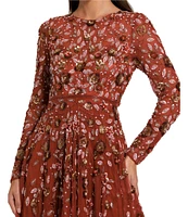 Mac Duggal Floral Beaded Crew Neck Long Sleeve Pleated Chiffon Gown