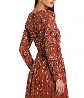 Mac Duggal Floral Beaded Crew Neck Long Sleeve Pleated Chiffon Gown