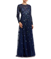 Mac Duggal Floral Beaded Crew Neck Long Sleeve Pleated Chiffon Gown