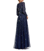 Mac Duggal Floral Beaded Crew Neck Long Sleeve Pleated Chiffon Gown