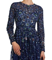 Mac Duggal Floral Beaded Crew Neck Long Sleeve Pleated Chiffon Gown