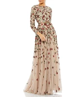 Mac Duggal Floral Beaded Crew Neck Long Sleeve Pleated Chiffon Gown