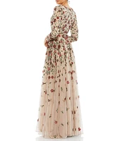 Mac Duggal Floral Beaded Crew Neck Long Sleeve Pleated Chiffon Gown