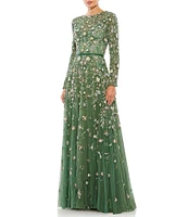 Mac Duggal Floral Beaded Crew Neck Long Sleeve Pleated Chiffon Gown