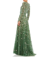 Mac Duggal Floral Beaded Crew Neck Long Sleeve Pleated Chiffon Gown