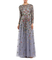 Mac Duggal Floral Beaded Crew Neck Long Sleeve Pleated Chiffon Gown