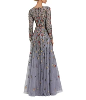 Mac Duggal Floral Beaded Crew Neck Long Sleeve Pleated Chiffon Gown