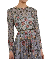 Mac Duggal Floral Beaded Crew Neck Long Sleeve Pleated Chiffon Gown