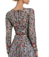 Mac Duggal Floral Beaded Crew Neck Long Sleeve Pleated Chiffon Gown