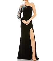 Mac Duggal Floral Beaded One Shoulder Asymmetrical Neck Gown