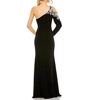 Mac Duggal Floral Beaded One Shoulder Asymmetrical Neck Gown