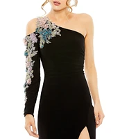 Mac Duggal Floral Beaded One Shoulder Asymmetrical Neck Gown