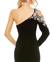 Mac Duggal Floral Beaded One Shoulder Asymmetrical Neck Gown
