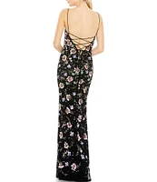 Mac Duggal Floral Beaded Sweetheart Neck Sleeveless Lace-Up Back A-Line Gown