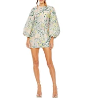 Mac Duggal Floral Brocade Jewel Neckline Long Puff Sleeve Mini Dress