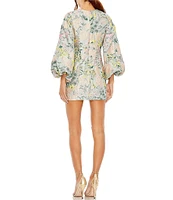 Mac Duggal Floral Brocade Jewel Neckline Long Puff Sleeve Mini Dress