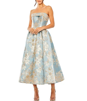 Mac Duggal Floral Brocade Strapless Sleeveless Gathered Skirt Side Pocket Midi A-Line Dress