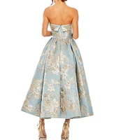 Mac Duggal Floral Brocade Strapless Sleeveless Gathered Skirt Side Pocket Midi A-Line Dress