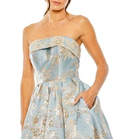 Mac Duggal Floral Brocade Strapless Sleeveless Gathered Skirt Side Pocket Midi A-Line Dress