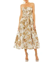 Mac Duggal Floral Brocade Strapless Sleeveless Midi Dress