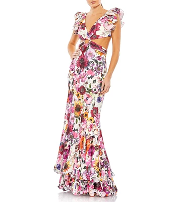 Mac Duggal Floral Charmeuse V-Neck Sleeveless Ruffle O-Ring Cut-Out Tiered Gown