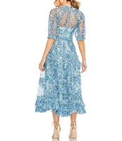 Mac Duggal Floral Print Chiffon Short Puffed Sleeve High Neck Midi Dress