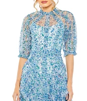 Mac Duggal Floral Print Chiffon Short Puffed Sleeve High Neck Midi Dress