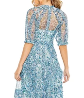 Mac Duggal Floral Print Chiffon Short Puffed Sleeve High Neck Midi Dress