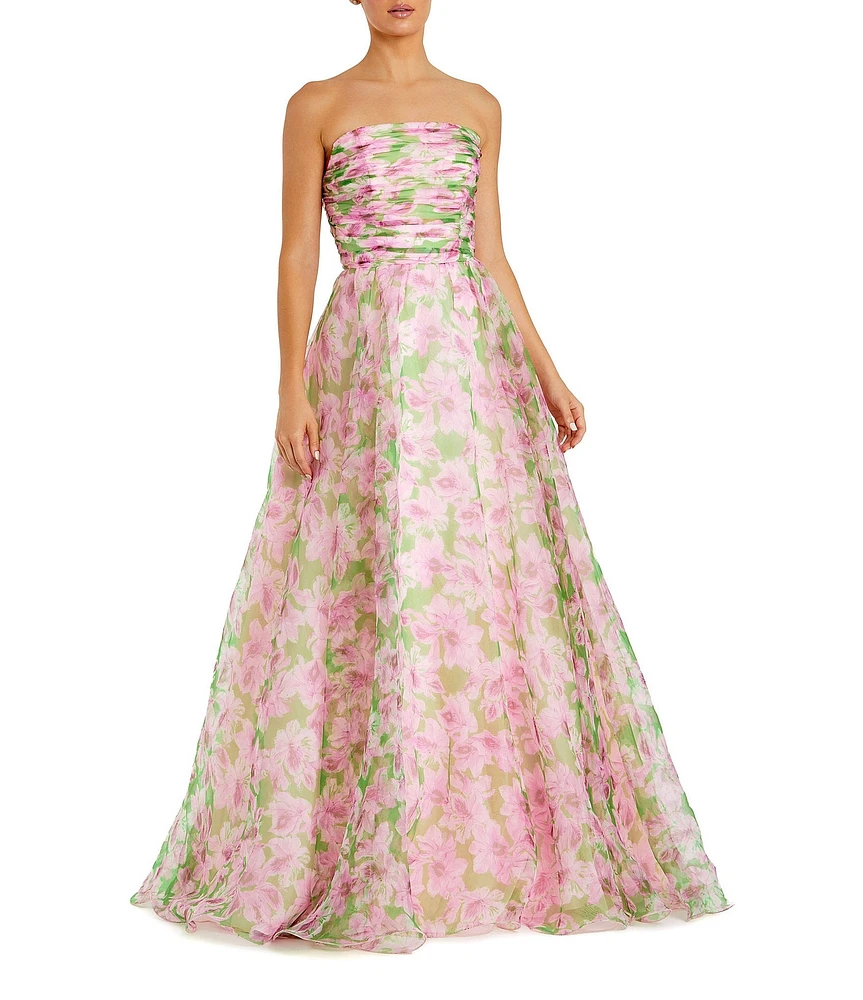 Mac Duggal Floral Chiffon Strapless Shirred Ruffle Ball Gown
