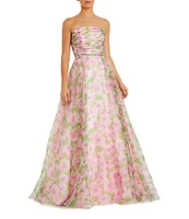 Mac Duggal Floral Chiffon Strapless Shirred Ruffle Ball Gown