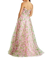 Mac Duggal Floral Chiffon Strapless Shirred Ruffle Ball Gown