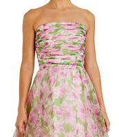 Mac Duggal Floral Chiffon Strapless Shirred Ruffle Ball Gown