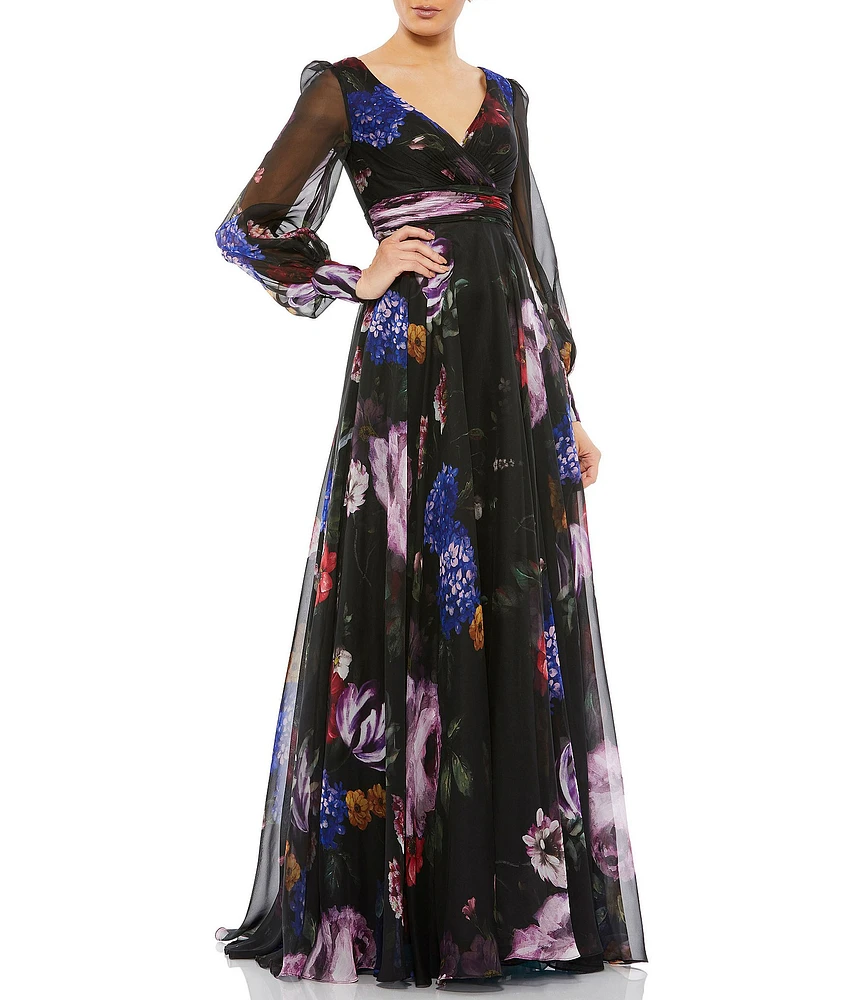 Mac Duggal Floral Chiffon V-Neck Illusion Sheer Sleeve Pleated Wrap Over Gown