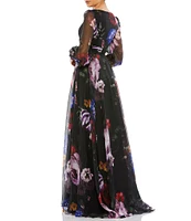 Mac Duggal Floral Chiffon V-Neck Illusion Sheer Sleeve Pleated Wrap Over Gown