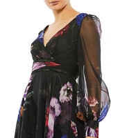 Mac Duggal Floral Chiffon V-Neck Illusion Sheer Sleeve Pleated Wrap Over Gown