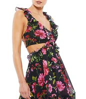 Mac Duggal Floral Chiffon V-Neck Lace-Up Open Back Ruffle Mini Dress