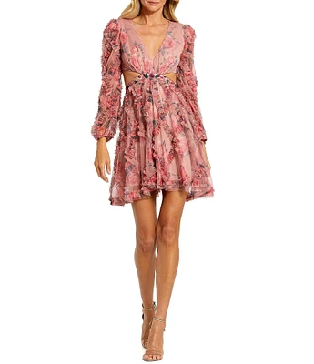 Mac Duggal Floral Chiffon V-Neck Long Puff Sleeve Side Cut-Out Ruffle Mini Dress