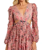 Mac Duggal Floral Chiffon V-Neck Long Puff Sleeve Side Cut-Out Ruffle Mini Dress