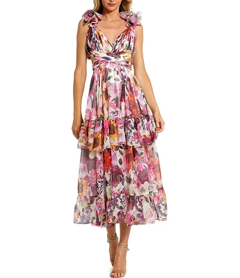 Mac Duggal Floral Chiffon V-Neck Ruffle Shoulder Sleeveless Side Cut-Out Tiered Midi Dress