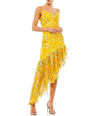 Mac Duggal Floral Chiffon V-Neck Sleeveless Asymmetrical Ruffle Hem Dress