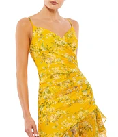 Mac Duggal Floral Chiffon V-Neck Sleeveless Asymmetrical Ruffle Hem Dress