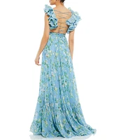 Mac Duggal Floral Chiffon V-Neck Sleeveless Ruffle Shoulder Side Cut-Out Gown