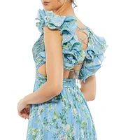 Mac Duggal Floral Chiffon V-Neck Sleeveless Ruffle Shoulder Side Cut-Out Gown