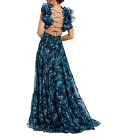Mac Duggal Floral Chiffon V-Neck Sleeveless Ruffle Shoulder Side Cut-Out Gown