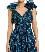 Mac Duggal Floral Chiffon V-Neck Sleeveless Ruffle Shoulder Side Cut-Out Gown