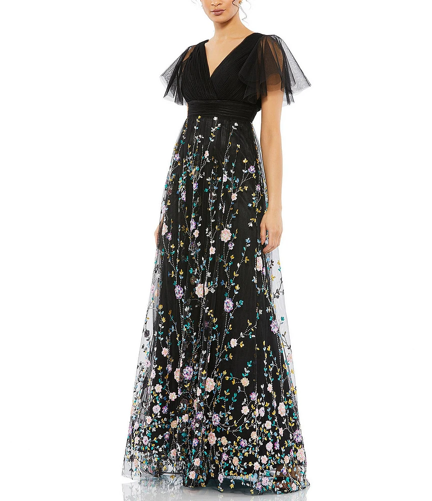 Mac Duggal Floral Embellished Illusion Short Butterfly Sleeve V-Neck Gown